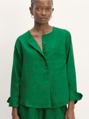 Everlane Green Button Up Linen Long Sleeve Top